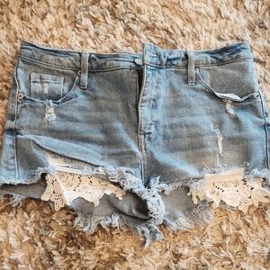 Distressed Denim Shorts with Lace Trim